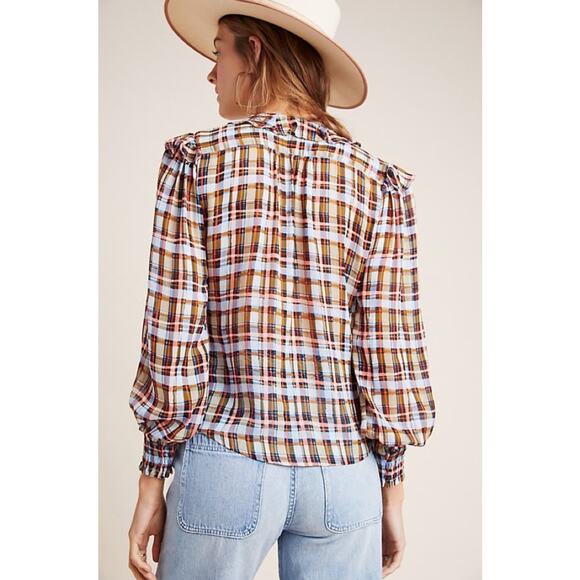 Maeve Anthropologie Laila Plaid Chiffon Ruffle Blouse Sz 8 - Picture 2 of 9